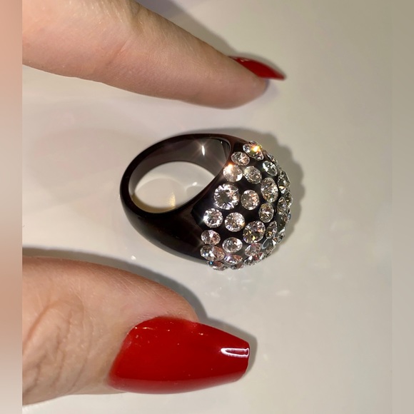 Women’s Black Acrylic Ring Embellished With Swarovski Crystal Stones, Dome Shape - Picture 10 of 15